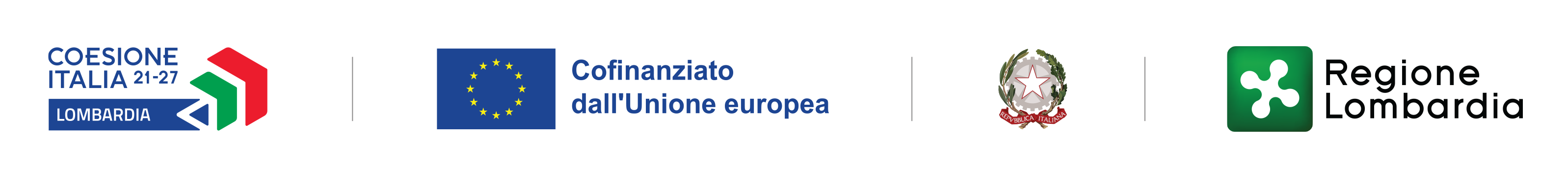 Cofinanziato dall'Unione europea" con la bandiera UE, e a destra i loghi della Repubblica Italiana e della Regione Lombardia, il tutto inserito in un panorama stilizzato della Lombardia